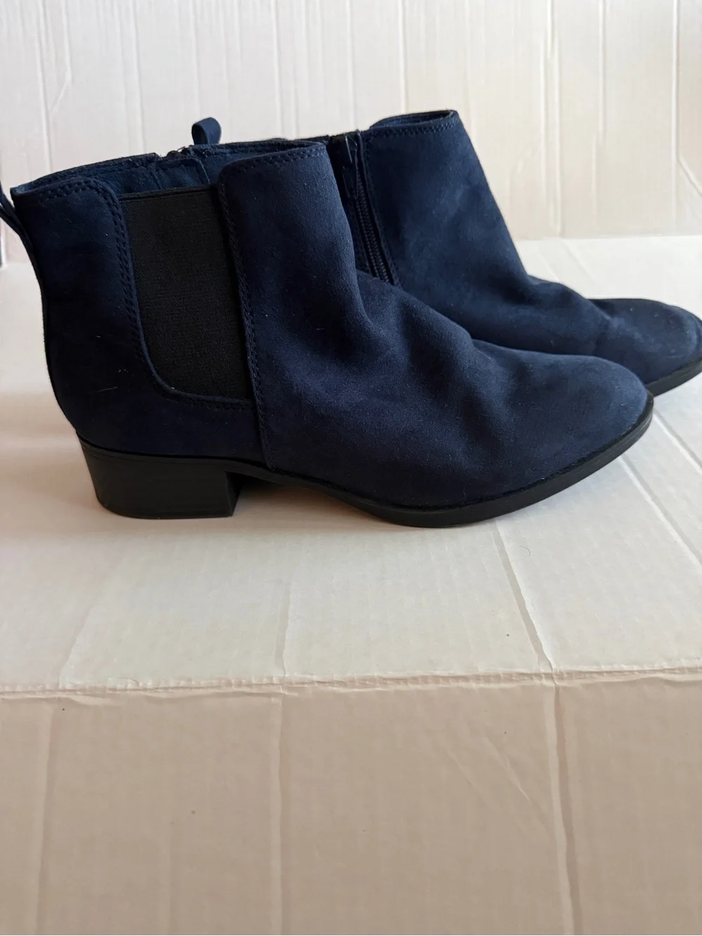 SO Navy Suede Ankle Booties with Elastic Gore
